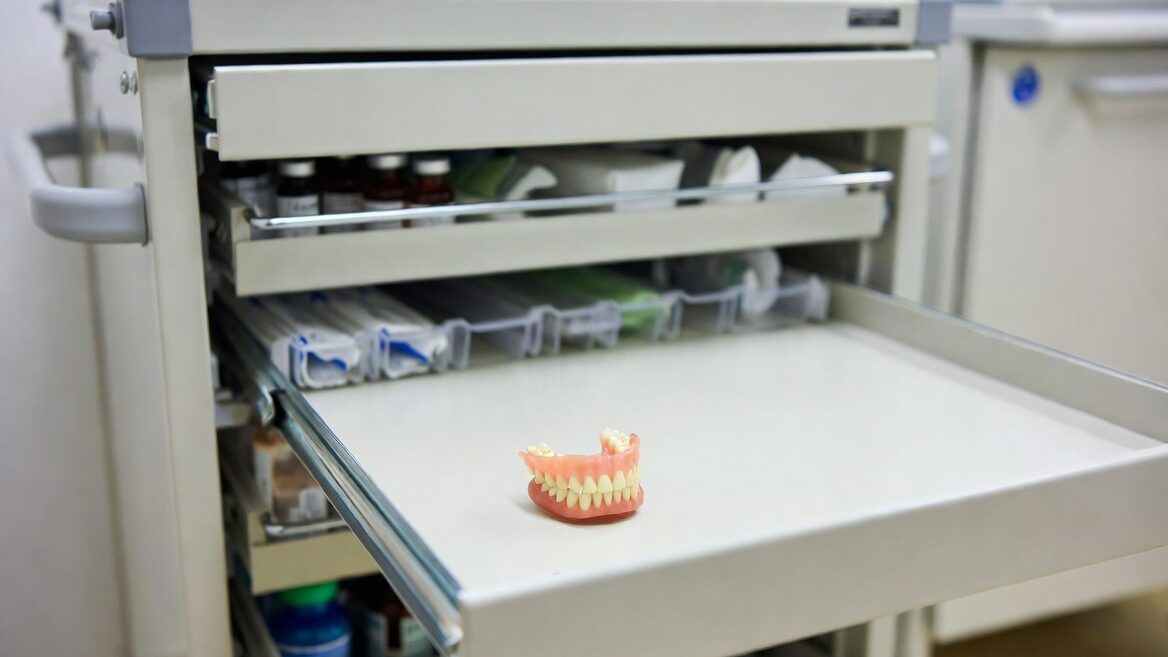 Dentures in a hospital cart (illustrative)